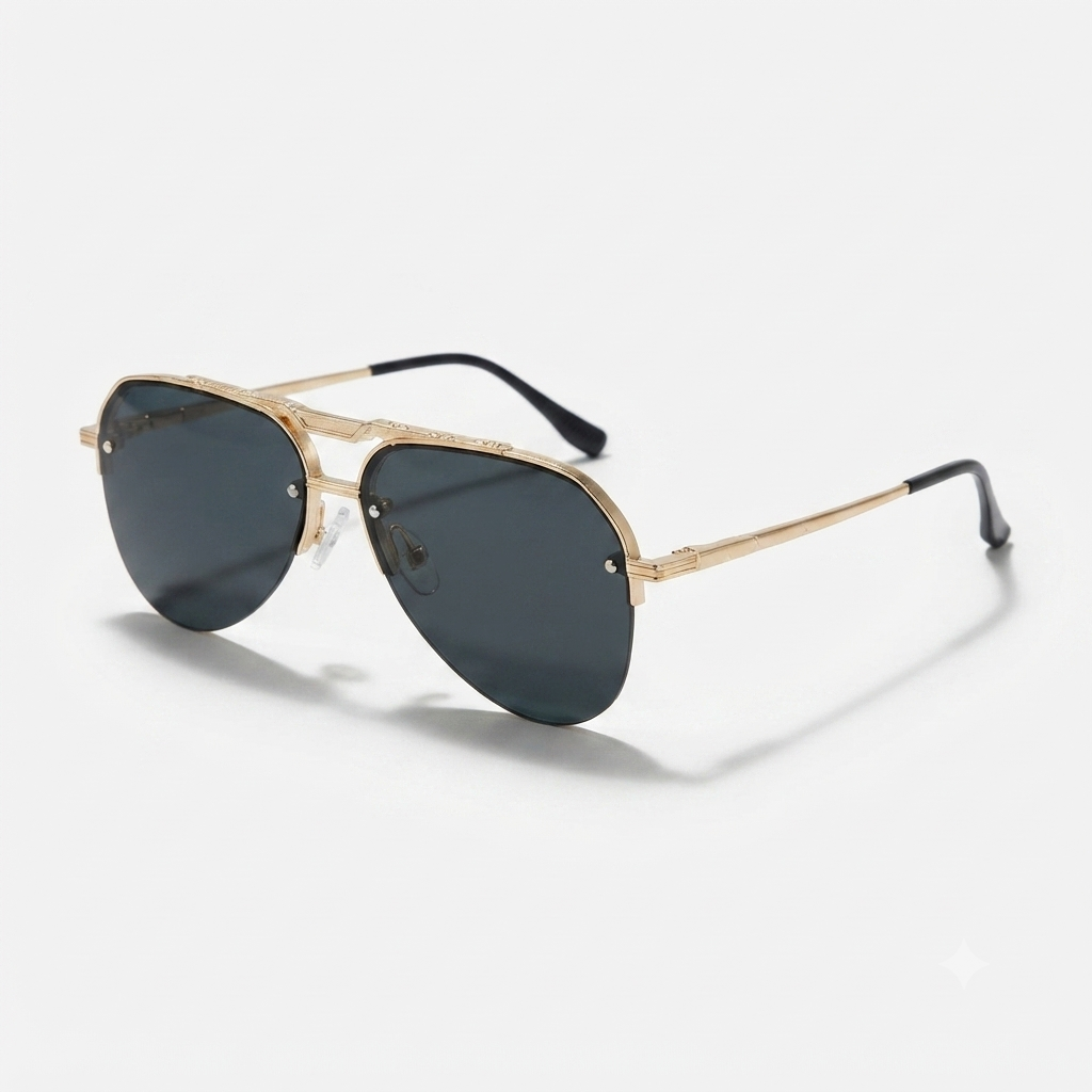 Men's semi-rimless sunglasses, outdoor style, metal temples, UV protection.