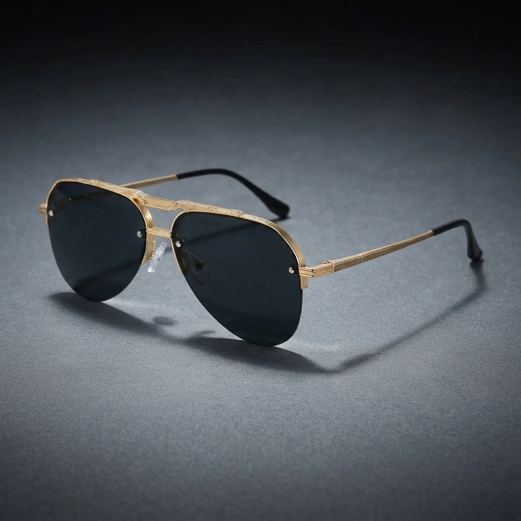 Men's semi-rimless sunglasses, outdoor style, metal temples, UV protection.